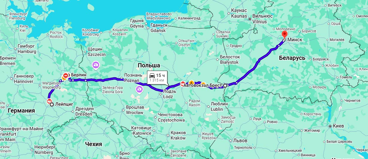 Карта маршрута автобуса Лейпциг Минск