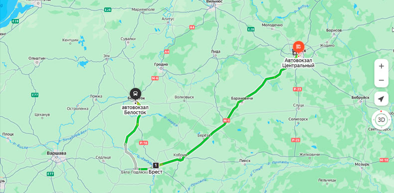 маршрут автобуса Минск - Белосток
