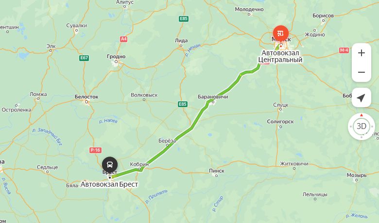 маршрут автобуса Минск - Брест