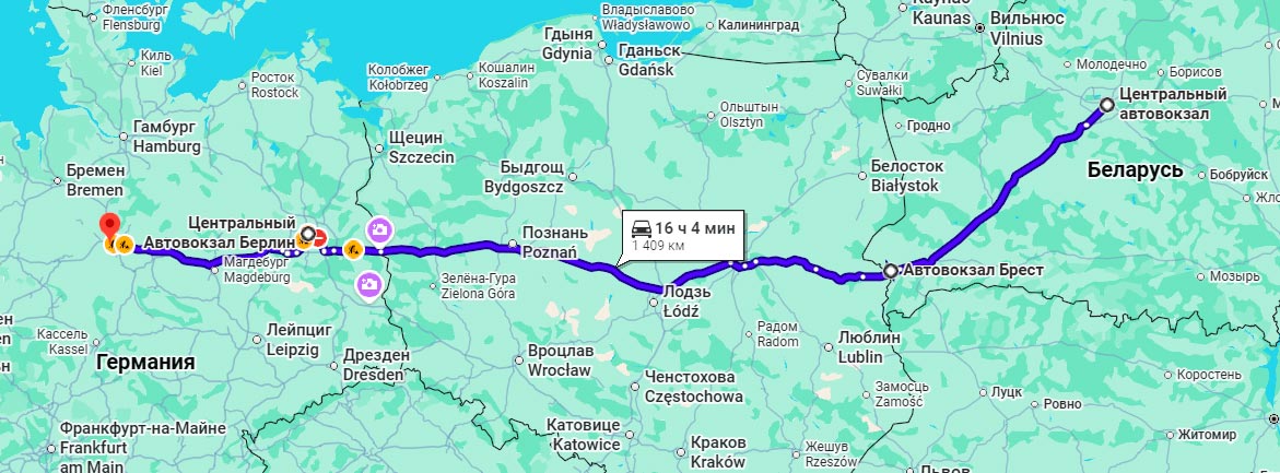 Карта маршрута автобуса Минск - Ганновер через Берлин