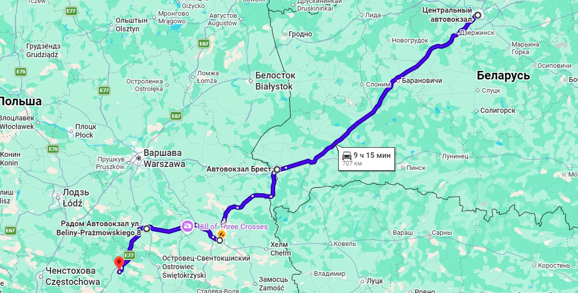 Карта маршрута автобуса Минск - Кельце