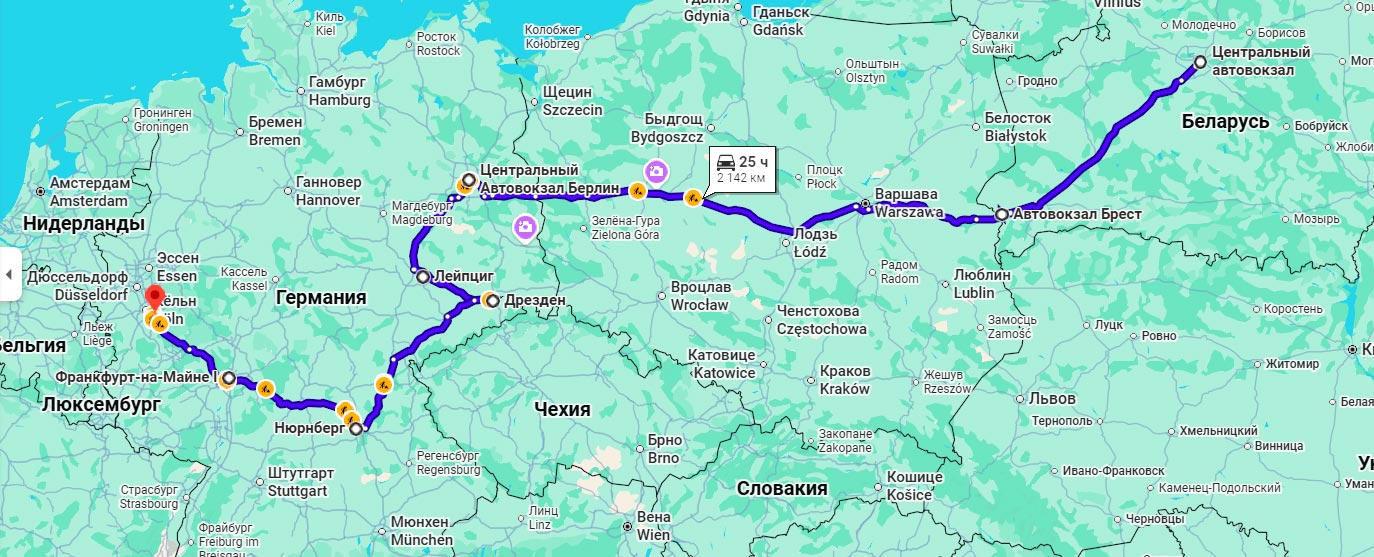 Карта маршрута автобуса Минск - Кёльн