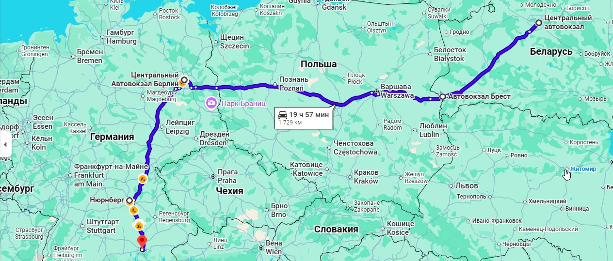 Карта маршрута автобуса Минск - Мюнхен через Польшу