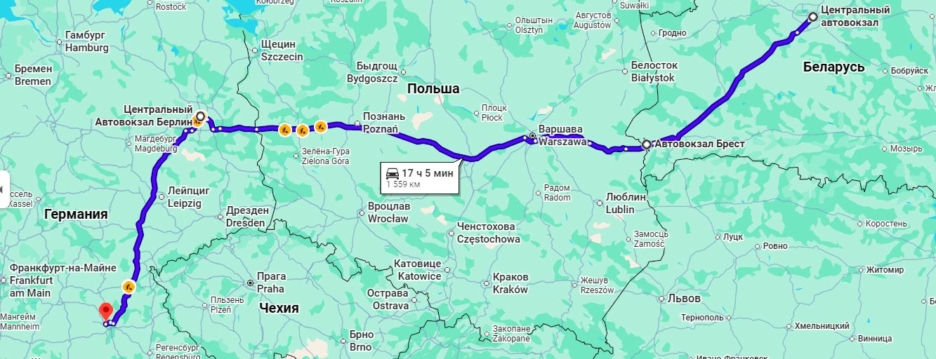 Карта маршрута автобуса Минск - Нюрнберг через Польшу