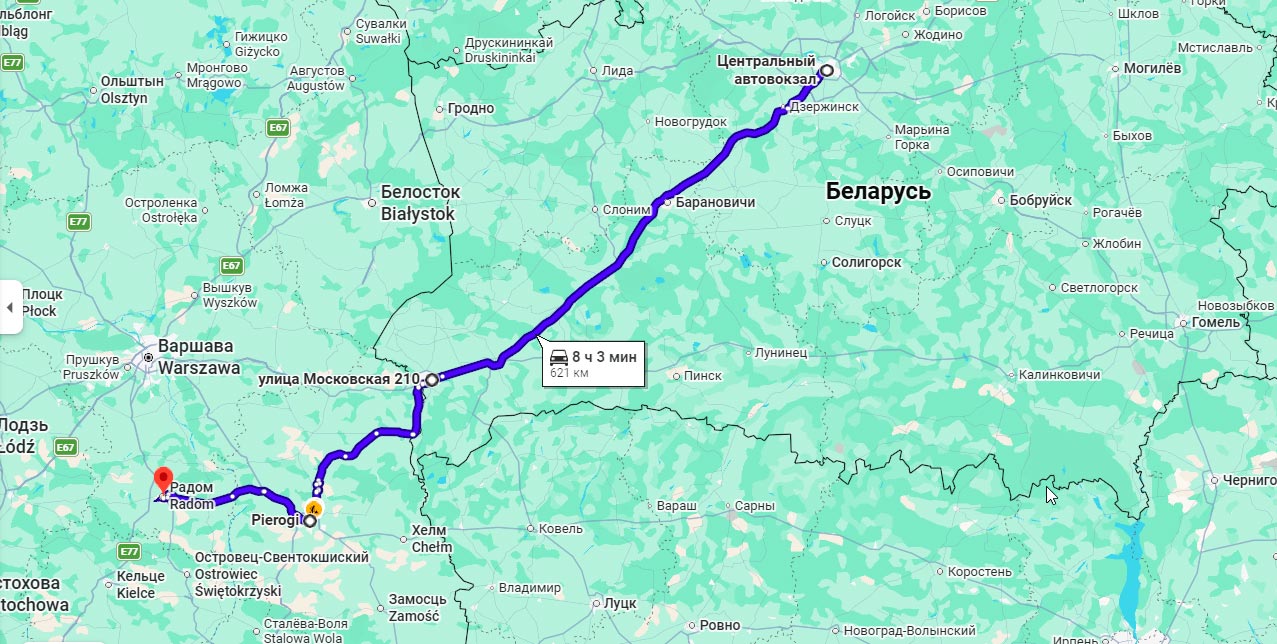 Карта маршрута автобуса из Минска в Радом (Польша)