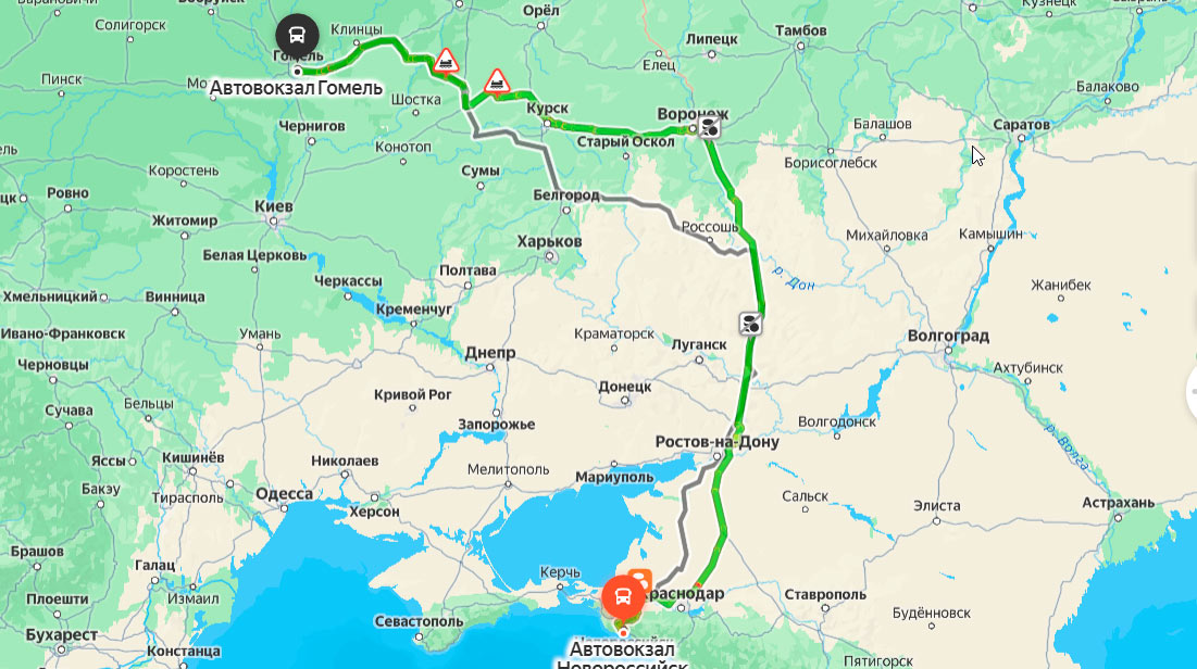 Маршрут автобуса Новороссийск – Гомель на карте