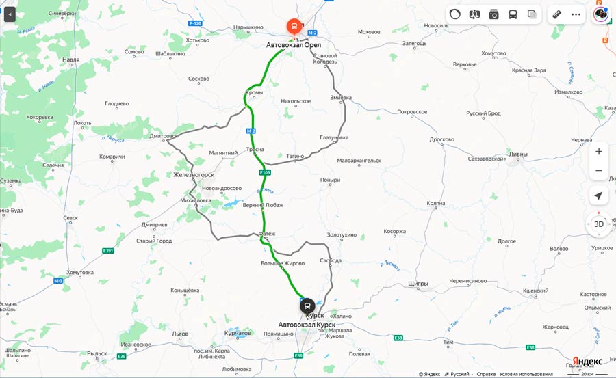 маршрут автобуса Орёл – Курск