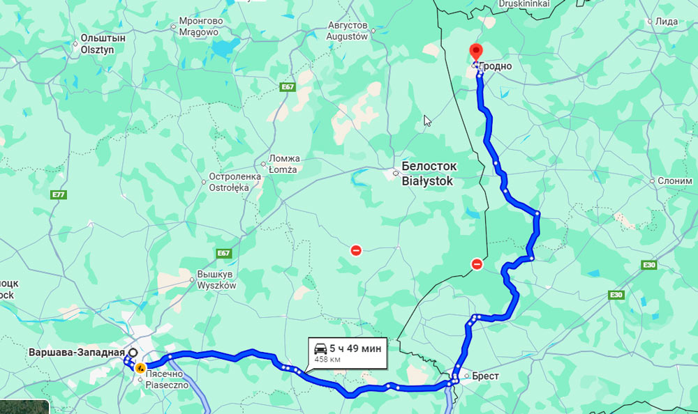 Варшава - Гродно карта