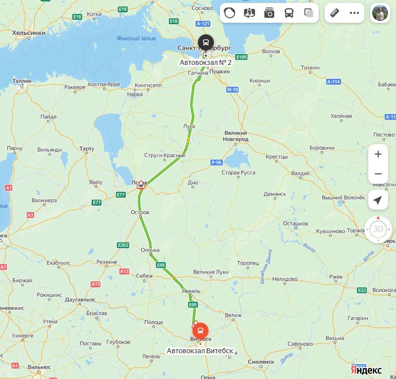 маршрут автобуса Витебск - Санкт-Петербург