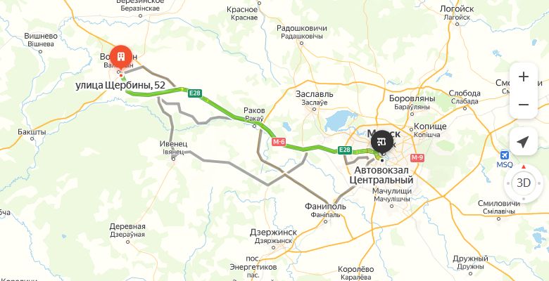 маршрут автобуса Воложин - Минск