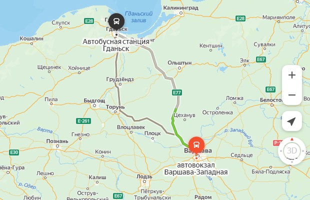 маршрут автобуса Варшава – Гданьск