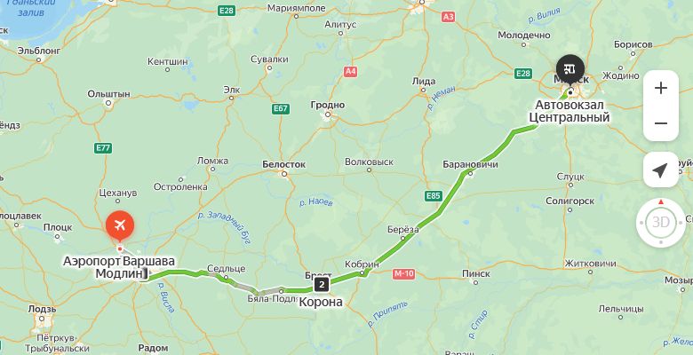 маршрут автобуса Варшава аэропорт Модлин - Минск