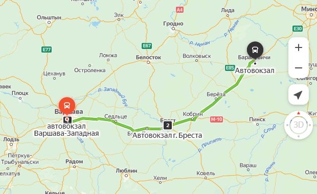 маршрут автобуса Варшава – Барановичи