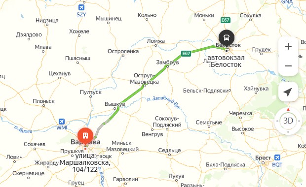 маршрут автобуса Варшава – Белосток