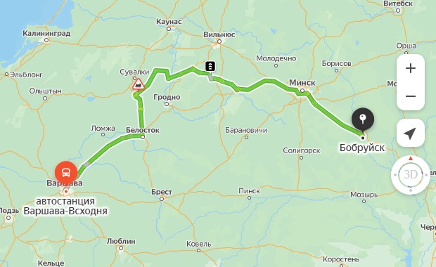 маршрут автобуса Варшава – Бобруйск