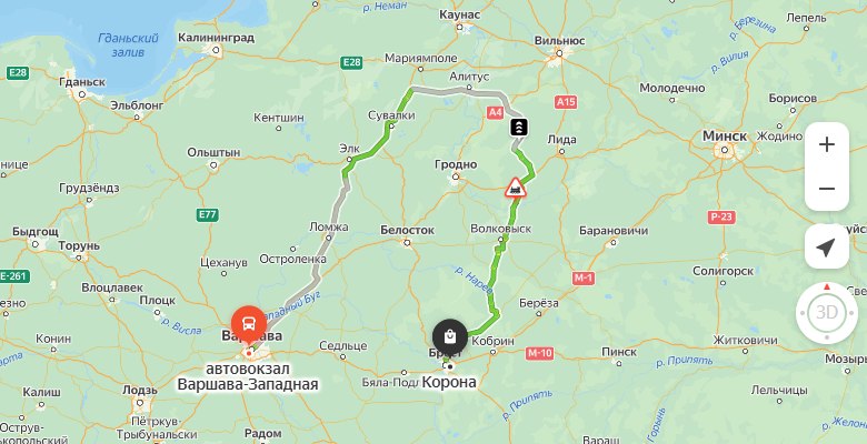 маршрут автобуса Варшава – Брест