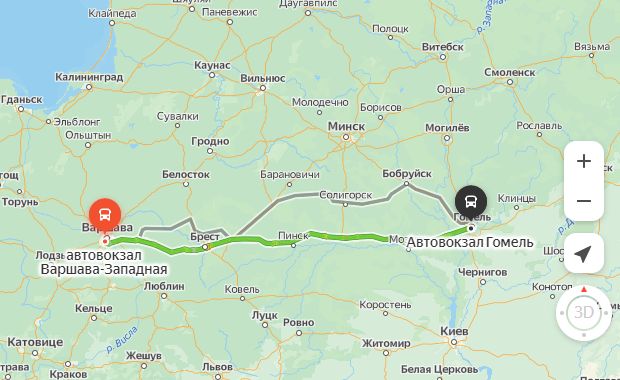 маршрут автобуса Варшава – Гомель
