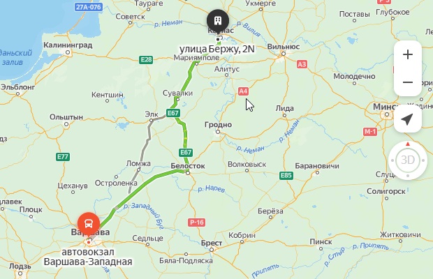 маршрут автобуса Варшава – Каунас