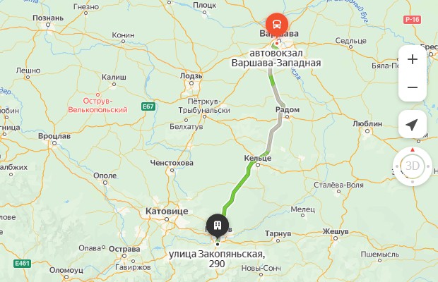 маршрут автобуса Варшава – Краков