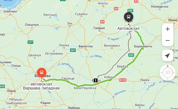 маршрут автобуса Варшава – Лида