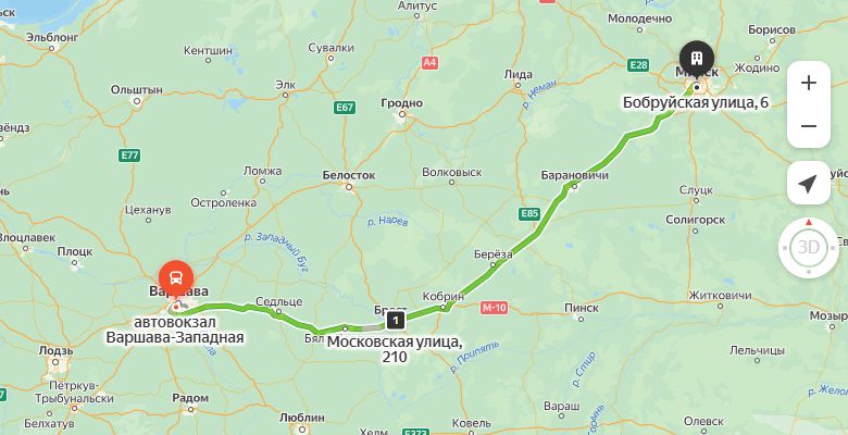 маршрут автобуса Варшава - Минск