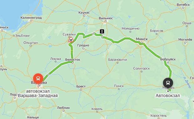 маршрут автобуса Варшава – Мозырь