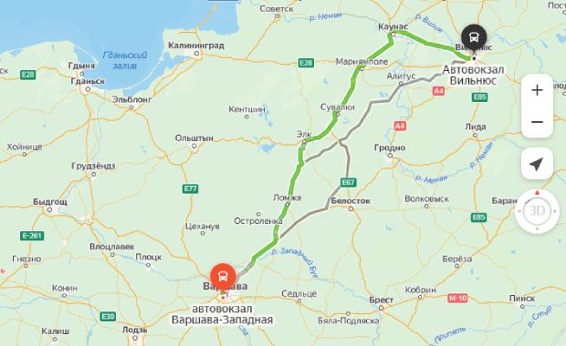 маршрут автобуса Варшава – Вильнюс