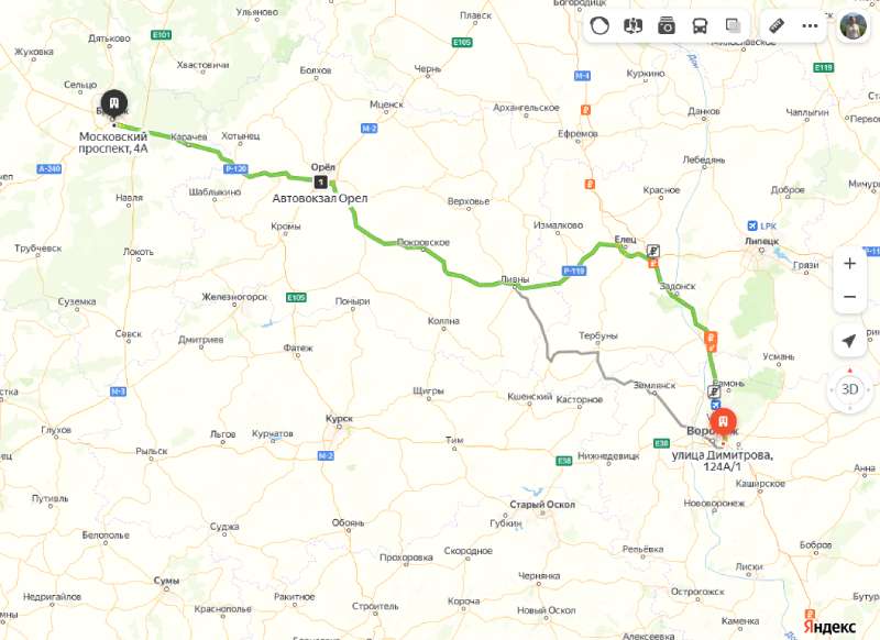 маршрут автобуса Воронеж - Брянск