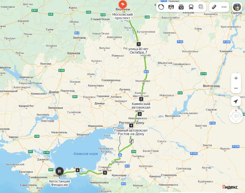 маршрут автобуса Воронеж — Феодосия