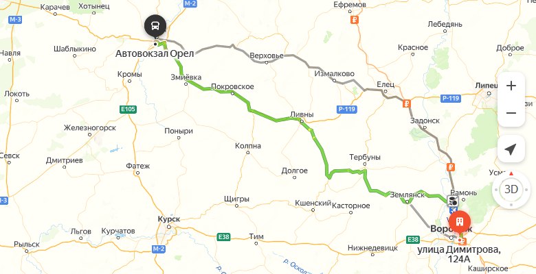 маршрут автобуса Воронеж – Орёл