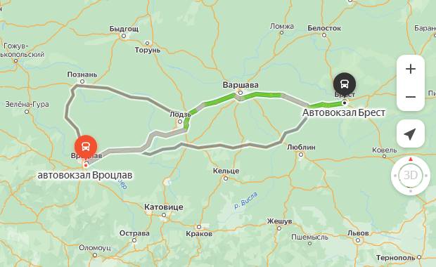 маршрут автобуса Вроцла – Брест