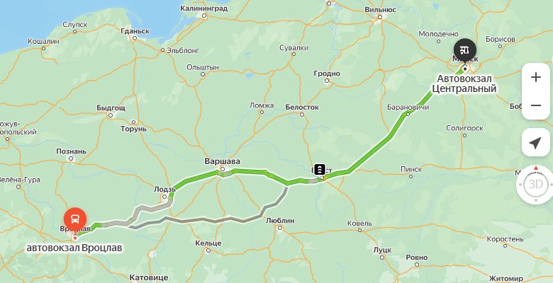 маршрут автобуса Вроцлав - Минск