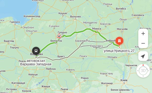 маршрут автобуса Жлобин – Варшава